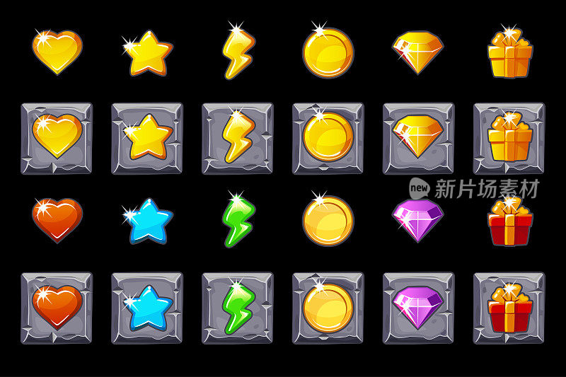 Set Game UI icons on stone square for games. Game casino, slot, UI